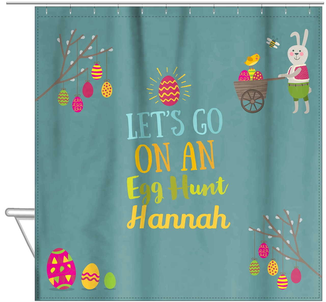 Personalized Easter Shower Curtain IX - Egg Hunt - Teal Background - Hanging View