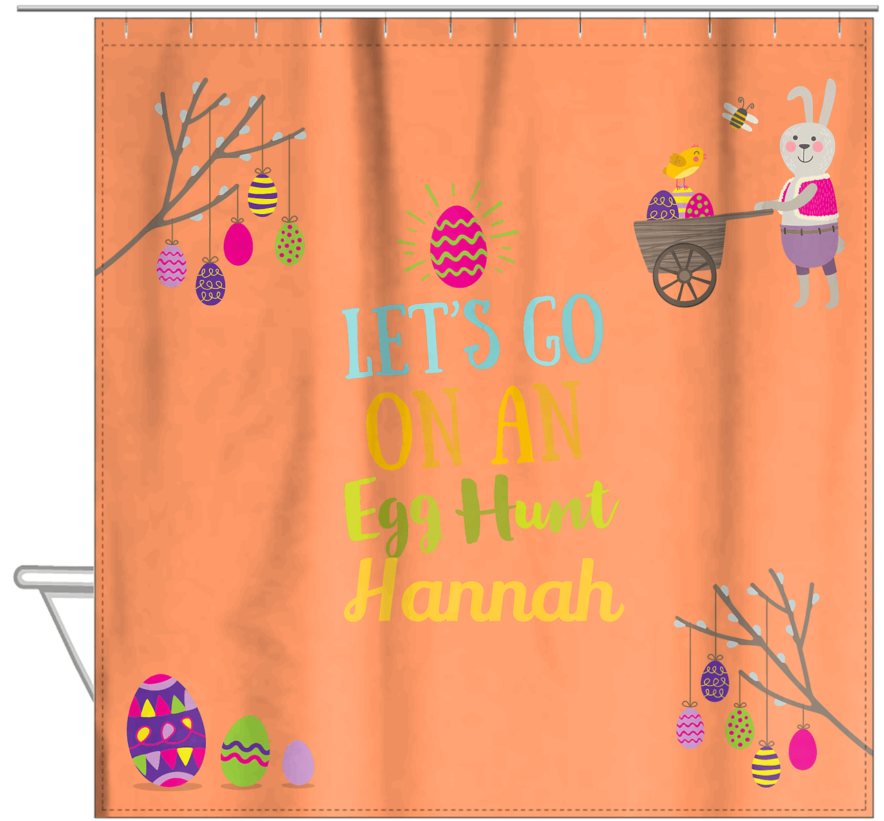 Personalized Easter Shower Curtain IX - Egg Hunt - Orange Background - Hanging View