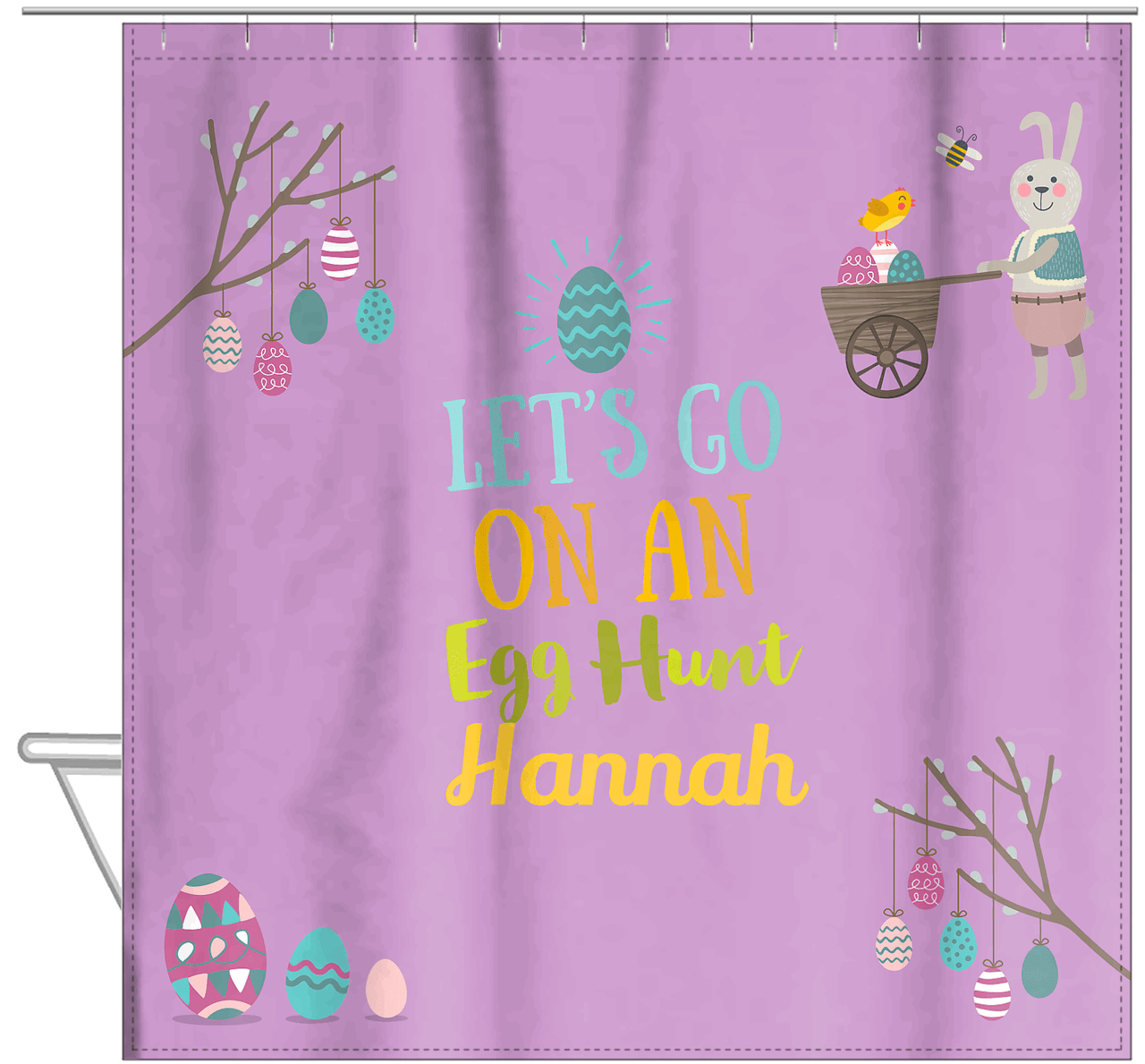 Personalized Easter Shower Curtain IX - Egg Hunt - Purple Background - Hanging View