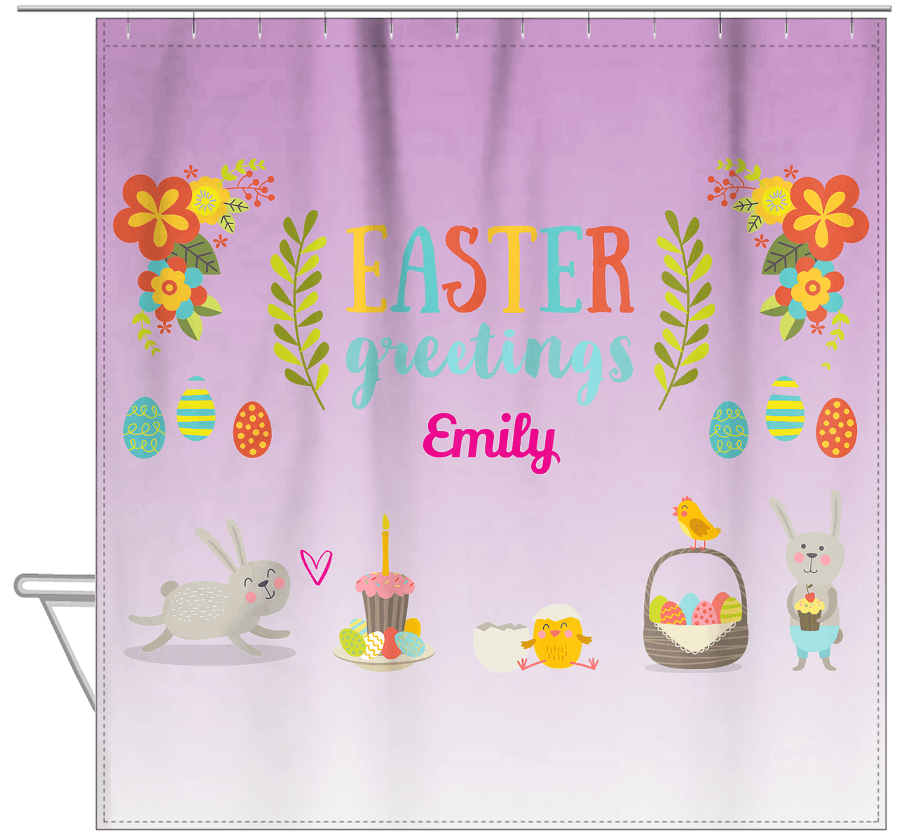 Personalized Easter Shower Curtain X - Easter Greetings - Purple Background - Hanging View