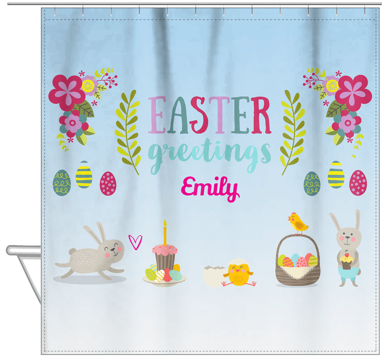Personalized Easter Shower Curtain X - Easter Greetings - Blue Background - Hanging View