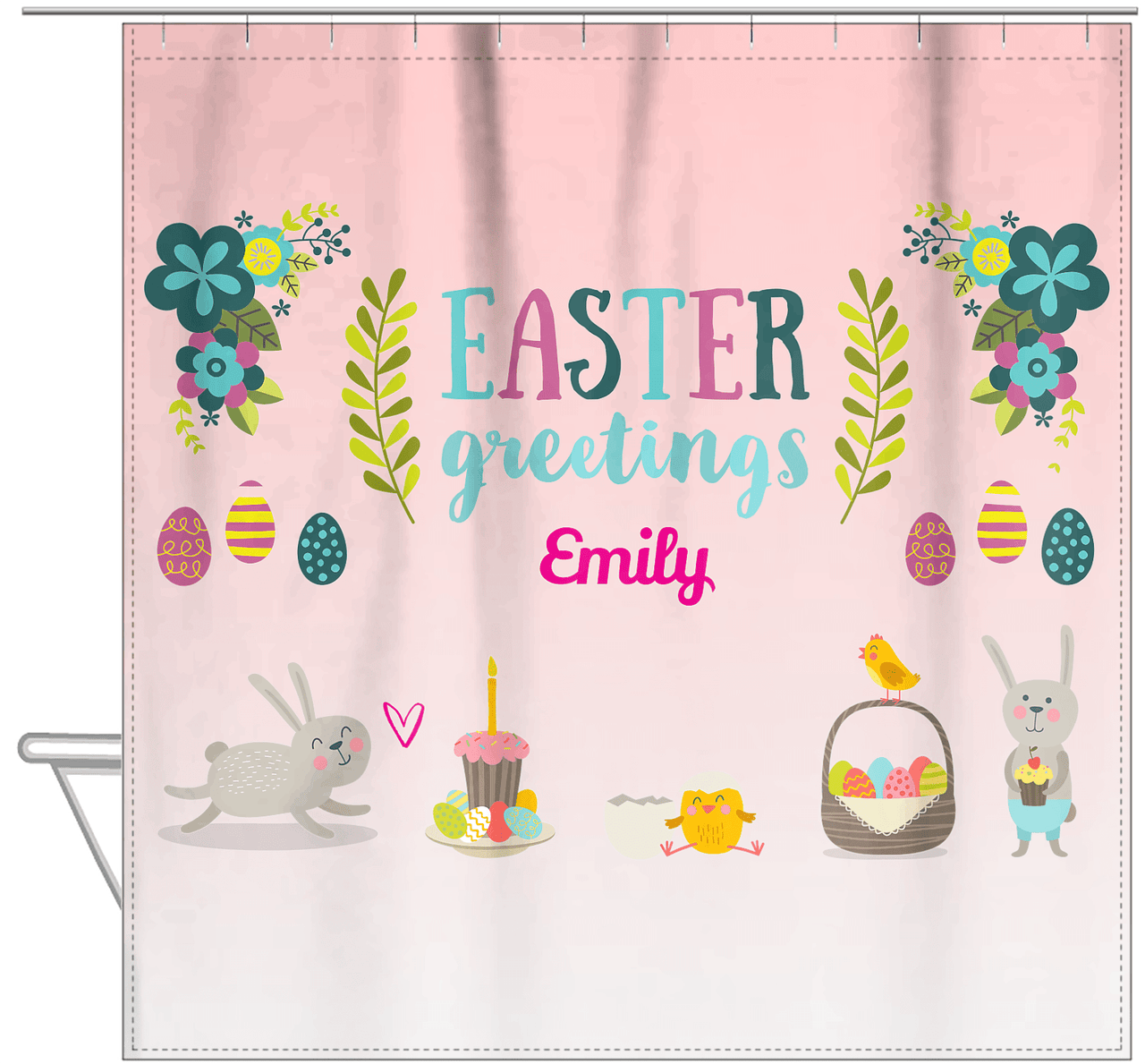 Personalized Easter Shower Curtain X - Easter Greetings - Pink Background - Hanging View