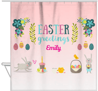 Thumbnail for Personalized Easter Shower Curtain X - Easter Greetings - Pink Background - Hanging View