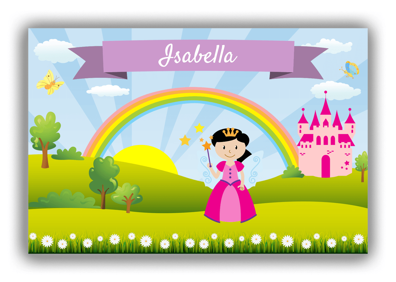 Personalized Fairy Canvas Wrap & Photo Print II - Rainbow Castle - Black Hair Fairy I - Front View