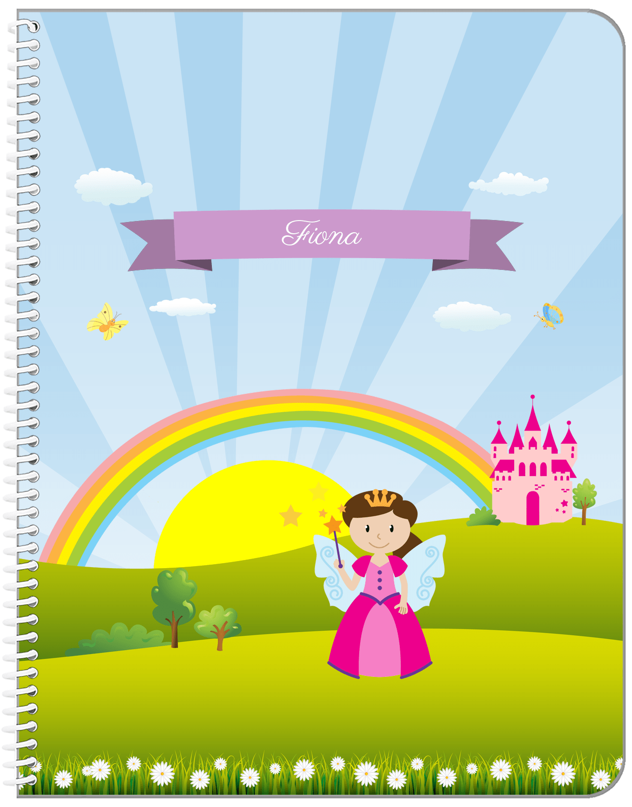 Personalized Fairy Notebook II - Rainbow Castle - Brunette Fairy - Front View