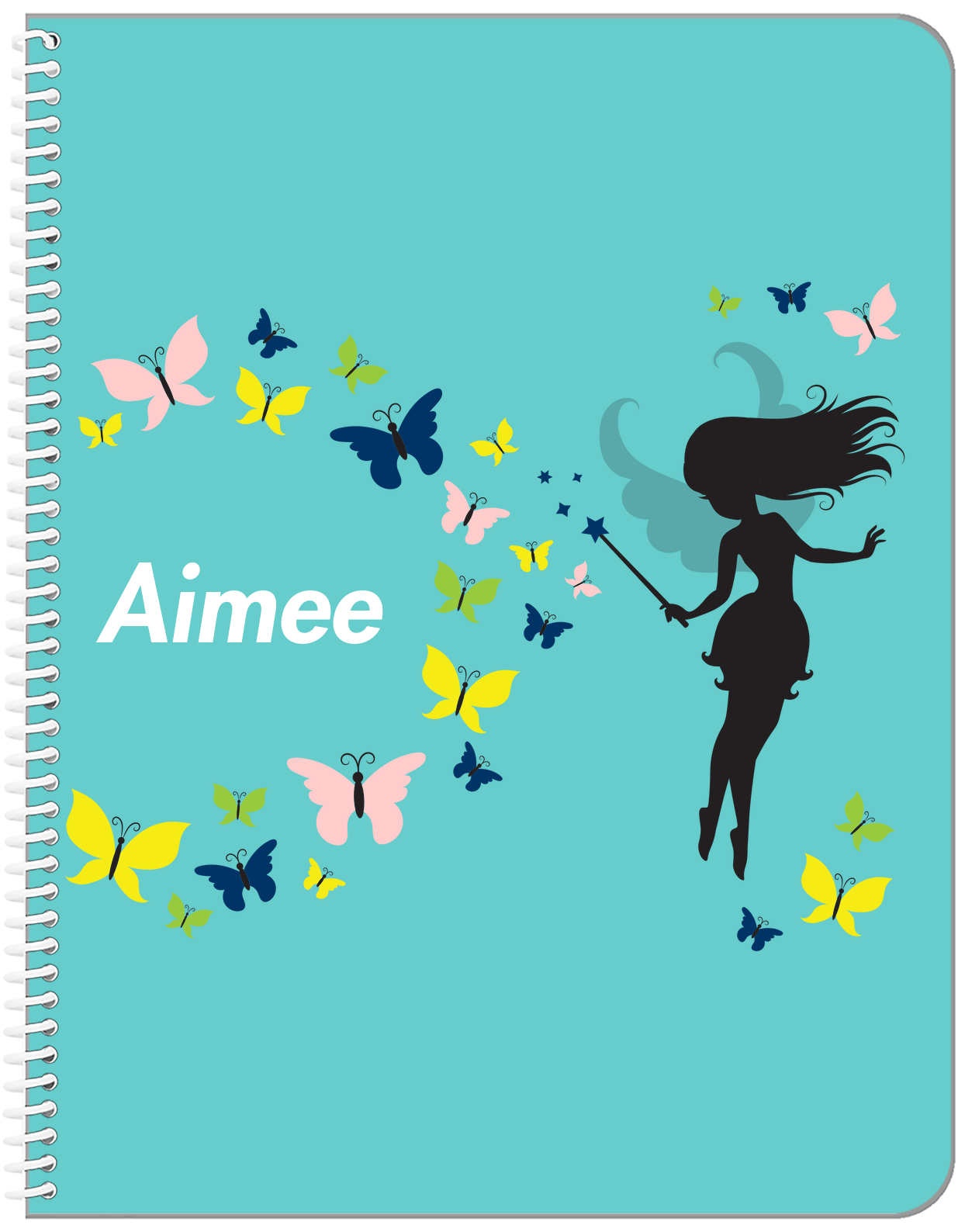 Personalized Fairy Notebook VIII - Butterfly Fairy - Teal Background - Front View