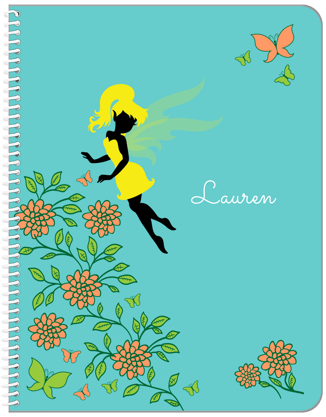 Personalized Fairy Notebook X - Butterfly Fairy - Teal Background - Front View