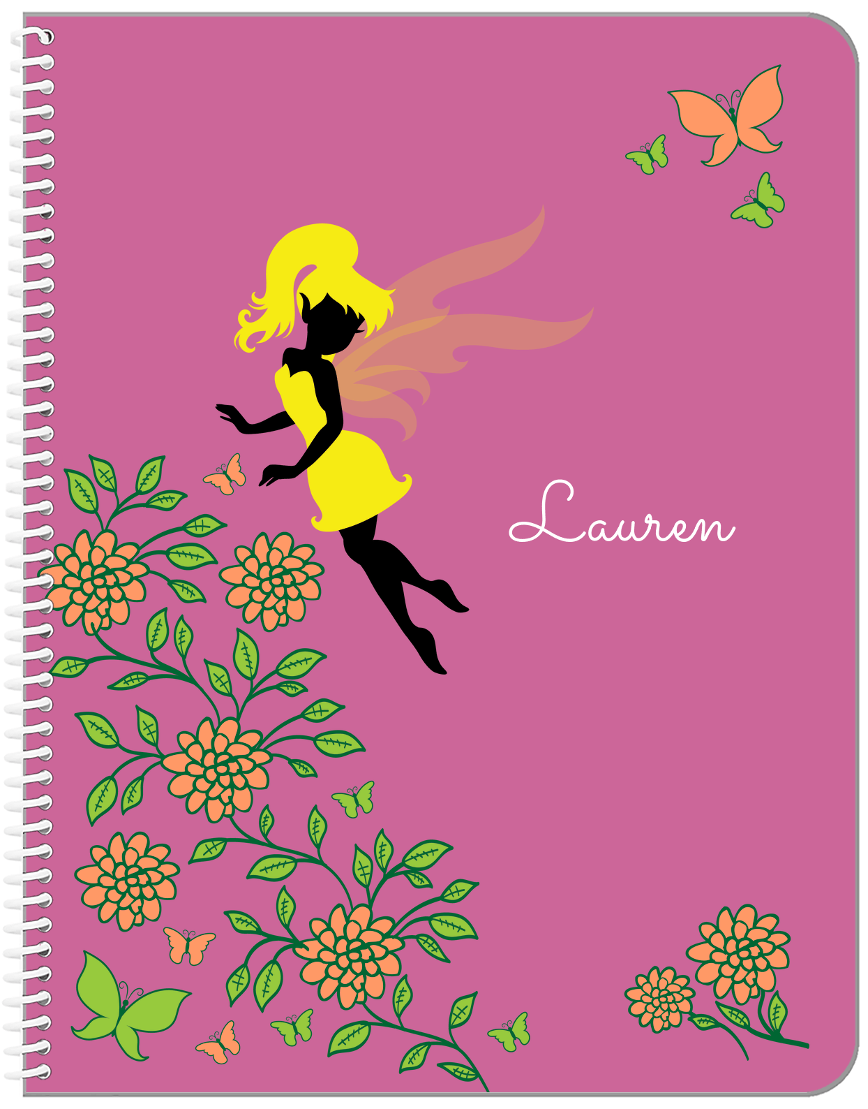 Personalized Fairy Notebook X - Butterfly Fairy - Pink Background - Front View