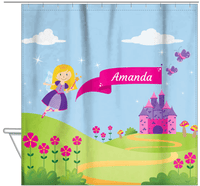 Thumbnail for Personalized Fairy Shower Curtain I - Castle Hill - Blonde Fairy - Hanging View