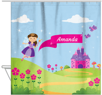Thumbnail for Personalized Fairy Shower Curtain I - Castle Hill - Brunette Fairy - Hanging View