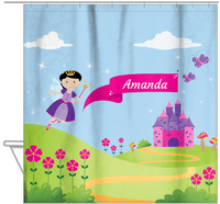 Thumbnail for Personalized Fairy Shower Curtain I - Castle Hill - Black Hair Fairy I - Hanging View