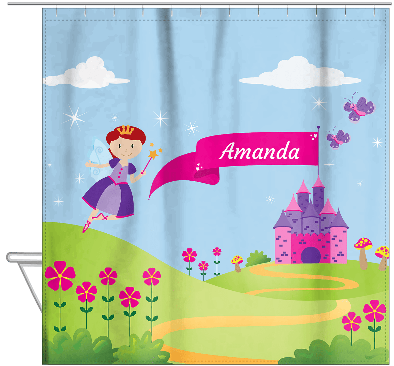 Personalized Fairy Shower Curtain I - Castle Hill - Redhead Fairy - Hanging View