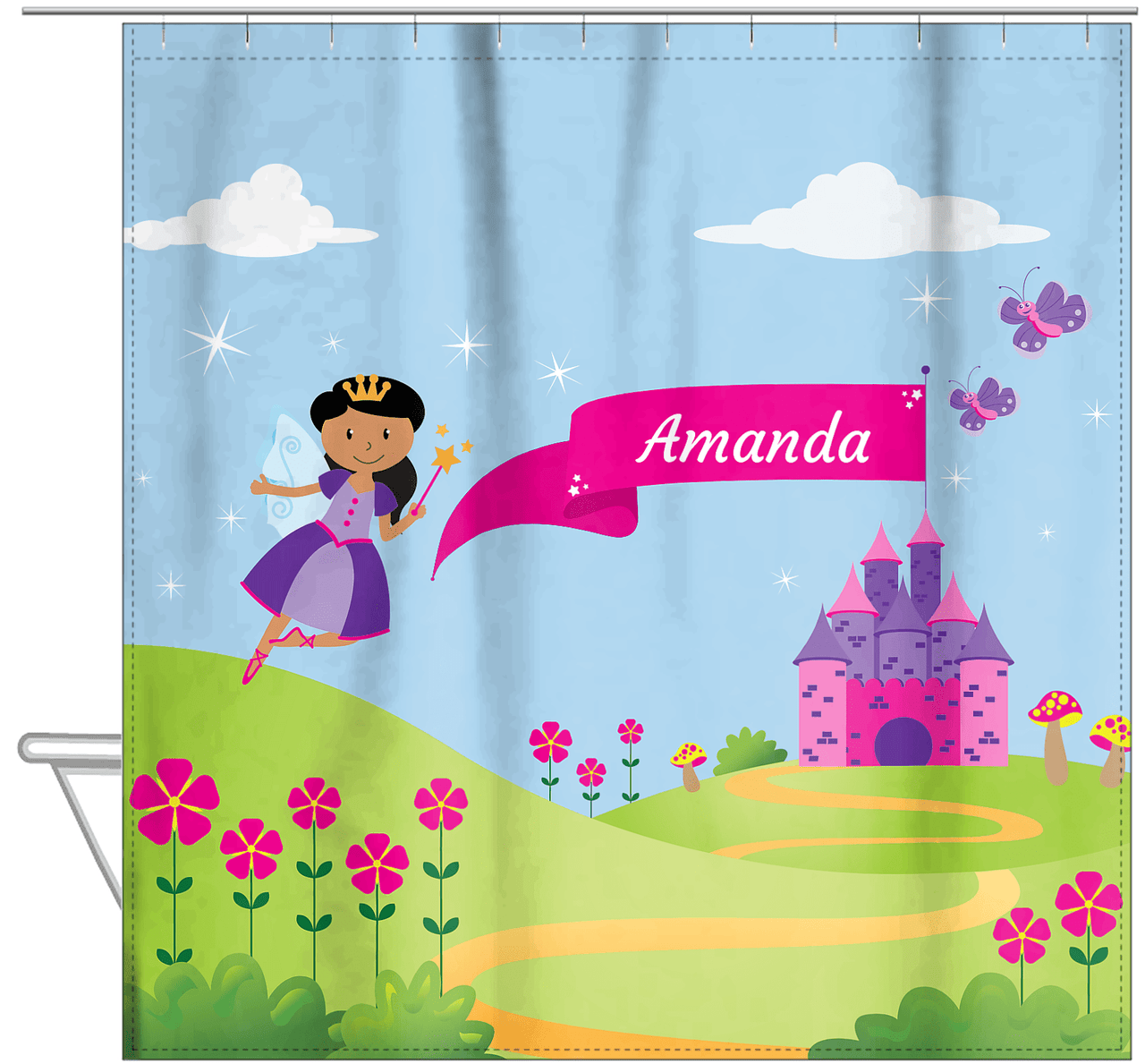 Personalized Fairy Shower Curtain I - Castle Hill - Black Fairy I - Hanging View