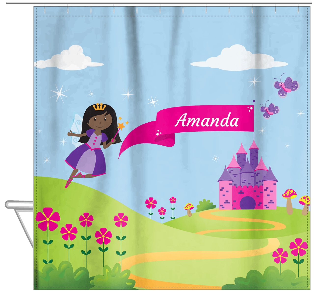 Personalized Fairy Shower Curtain I - Castle Hill - Black Fairy II - Hanging View