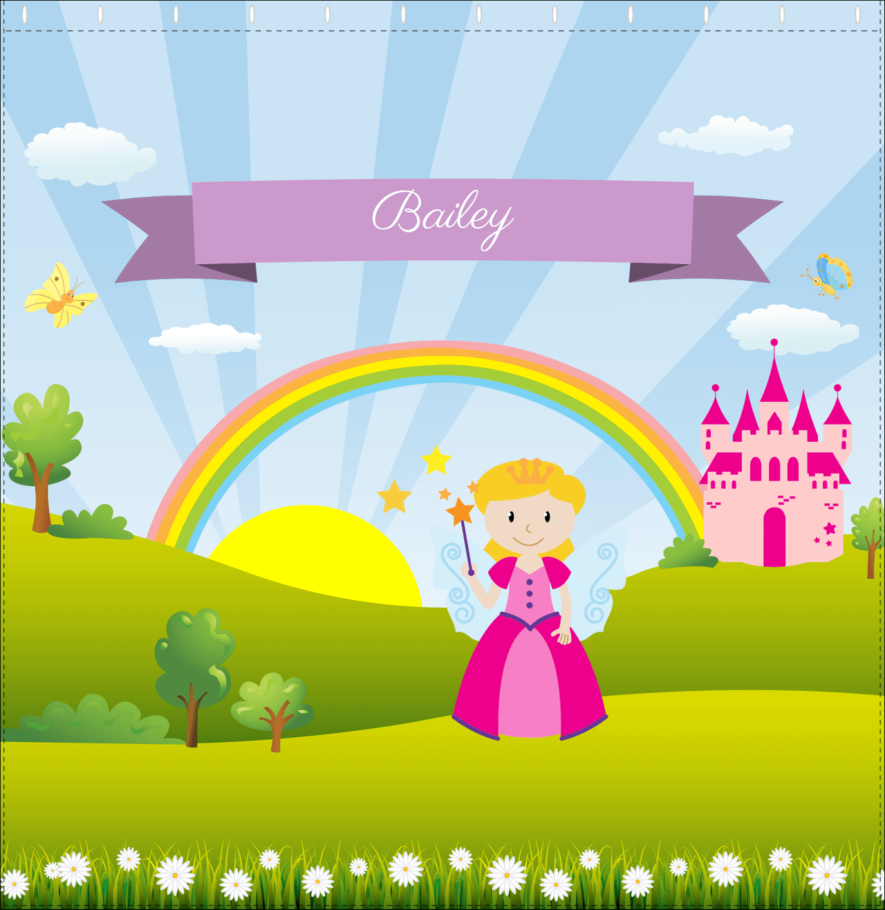 Personalized Fairy Shower Curtain II - Rainbow Castle - Blonde Fairy - Decorate View