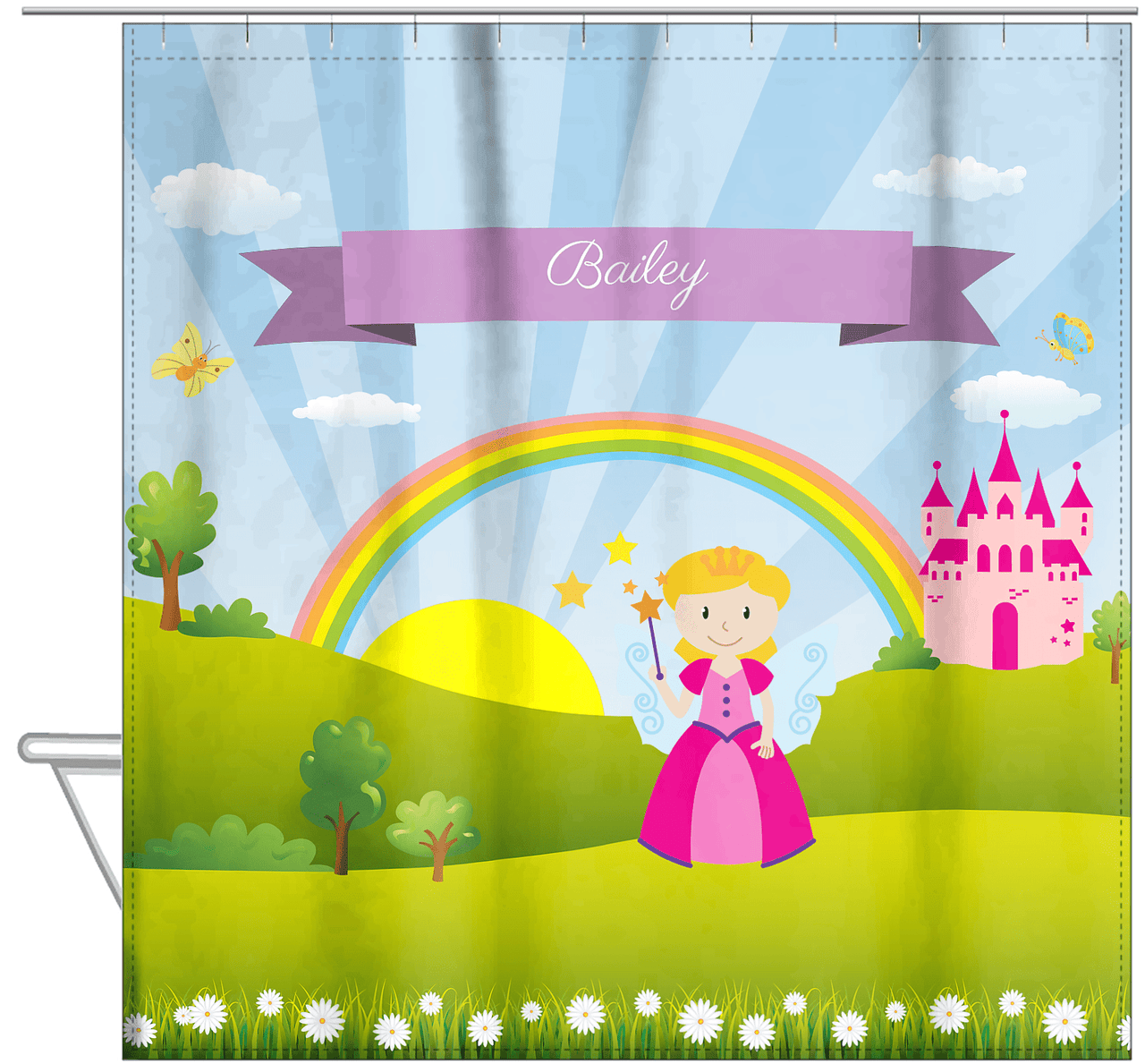 Personalized Fairy Shower Curtain II - Rainbow Castle - Blonde Fairy - Hanging View