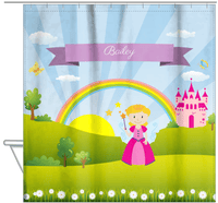 Thumbnail for Personalized Fairy Shower Curtain II - Rainbow Castle - Blonde Fairy - Hanging View