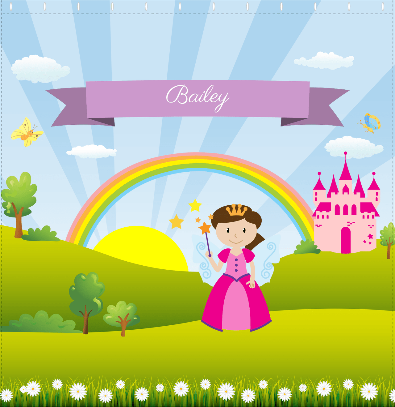 Personalized Fairy Shower Curtain II - Rainbow Castle - Brunette Fairy - Decorate View
