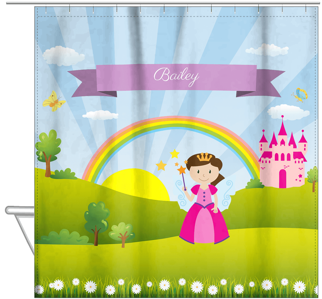 Personalized Fairy Shower Curtain II - Rainbow Castle - Brunette Fairy - Hanging View