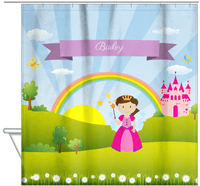 Thumbnail for Personalized Fairy Shower Curtain II - Rainbow Castle - Brunette Fairy - Hanging View