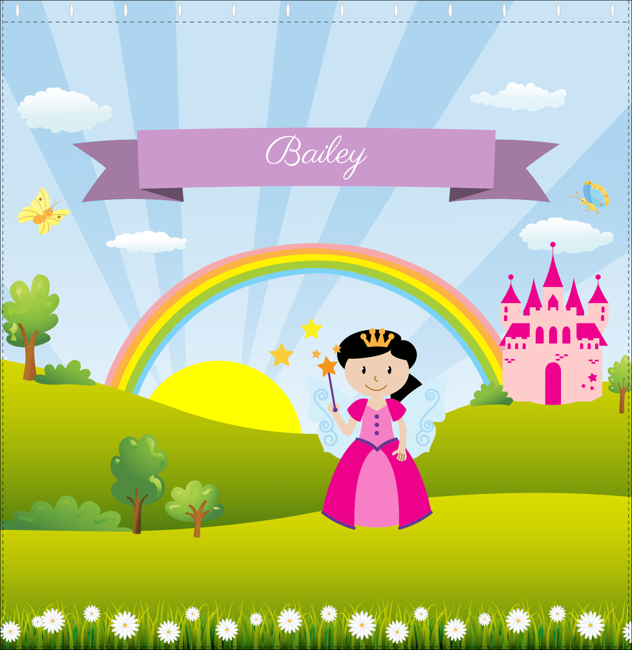 Personalized Fairy Shower Curtain II - Rainbow Castle - Black Hair Fairy I - Decorate View