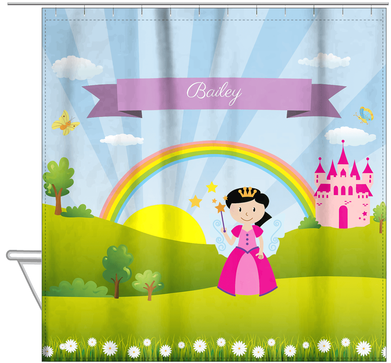 Personalized Fairy Shower Curtain II - Rainbow Castle - Black Hair Fairy I - Hanging View
