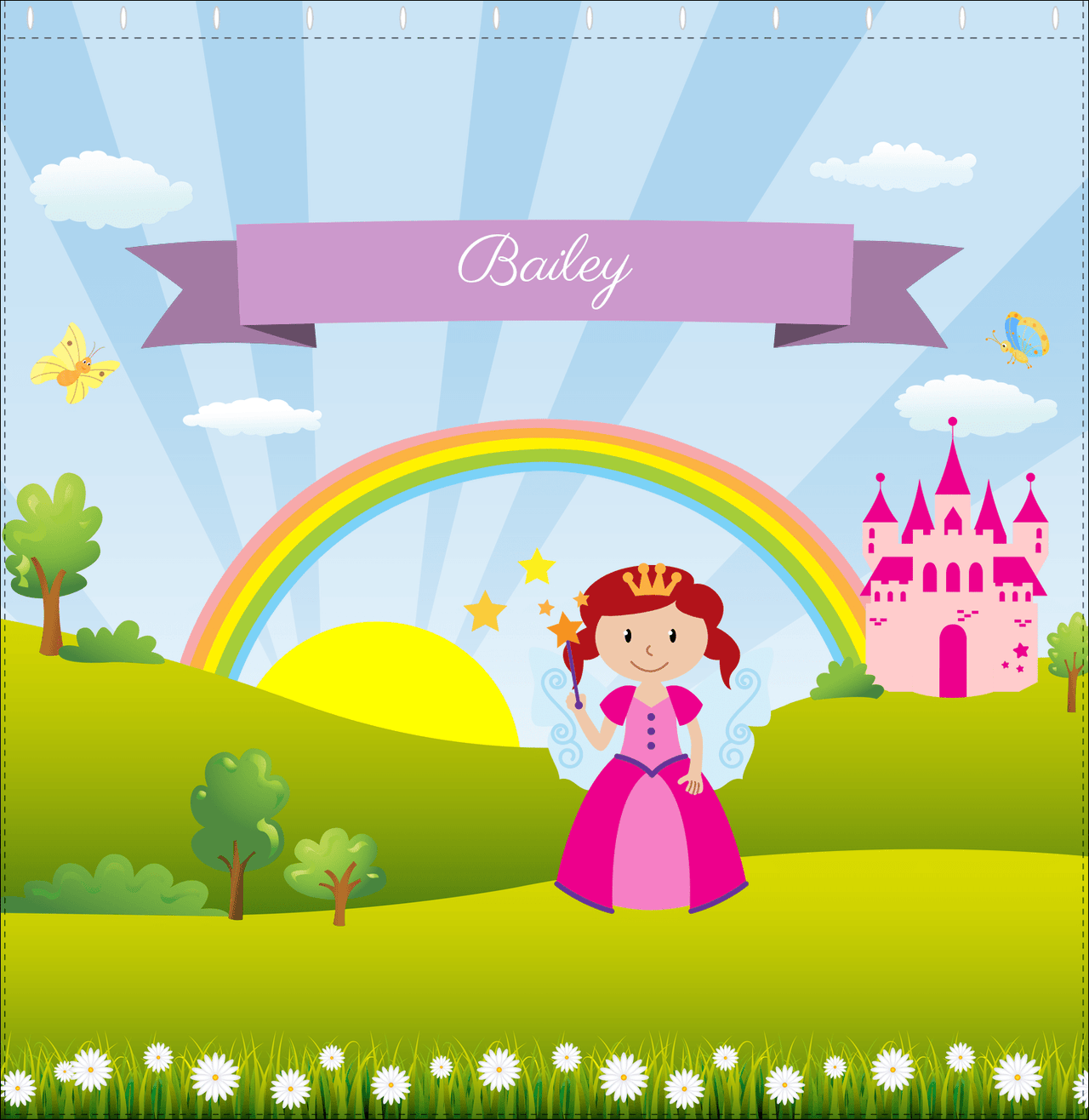 Personalized Fairy Shower Curtain II - Rainbow Castle - Redhead Fairy - Decorate View