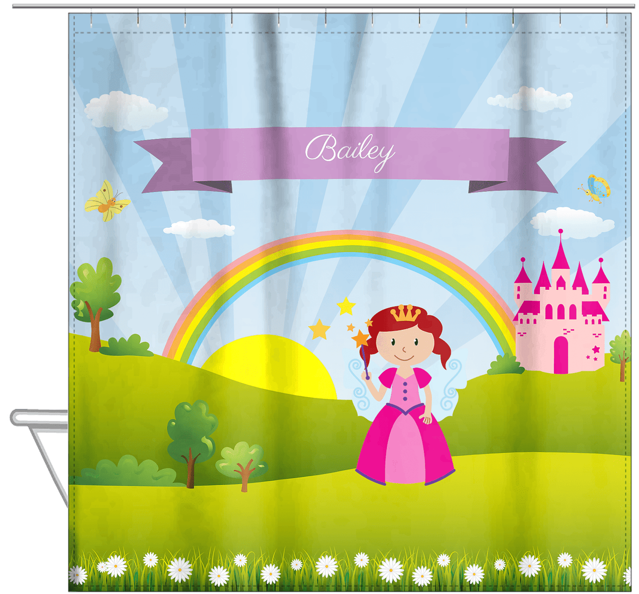 Personalized Fairy Shower Curtain II - Rainbow Castle - Redhead Fairy - Hanging View