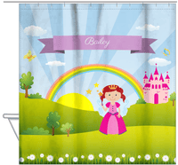 Thumbnail for Personalized Fairy Shower Curtain II - Rainbow Castle - Redhead Fairy - Hanging View