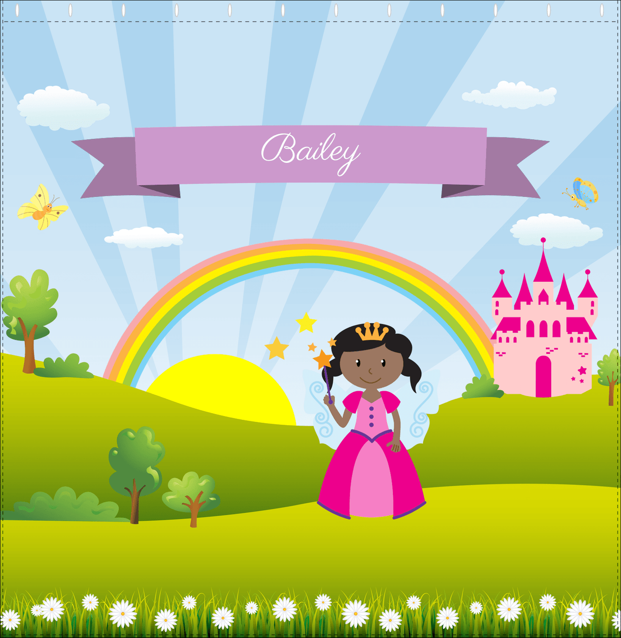 Personalized Fairy Shower Curtain II - Rainbow Castle - Black Fairy I - Decorate View