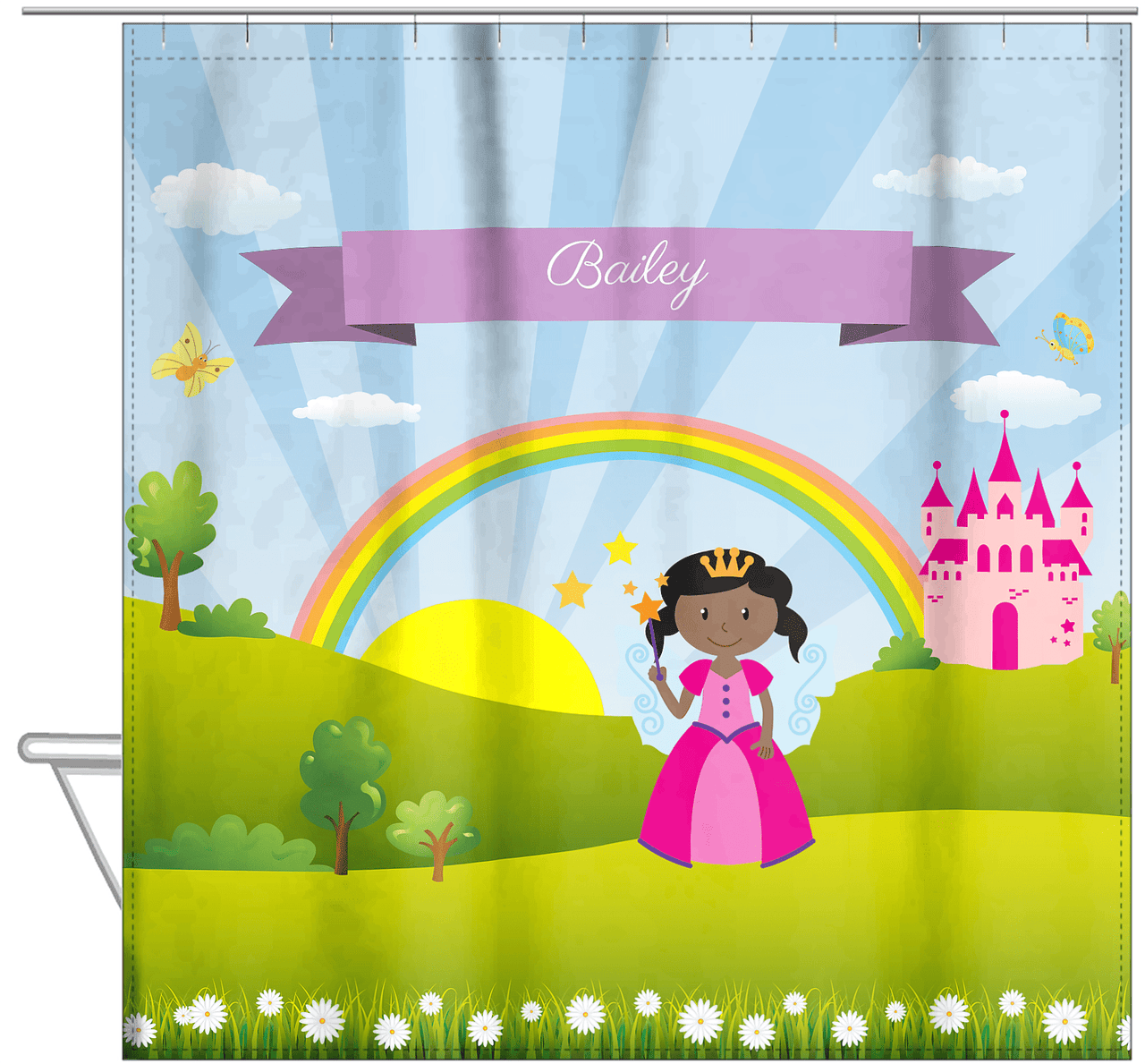 Personalized Fairy Shower Curtain II - Rainbow Castle - Black Fairy I - Hanging View