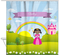 Thumbnail for Personalized Fairy Shower Curtain II - Rainbow Castle - Black Fairy I - Hanging View