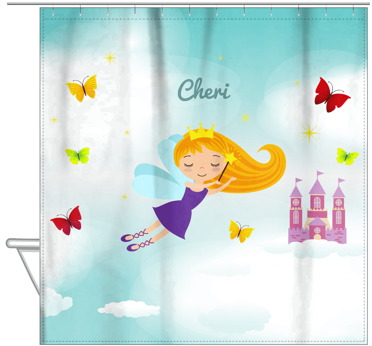 Personalized Fairy Shower Curtain III - Cloud Castle - Blonde Fairy - Hanging View