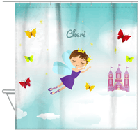 Thumbnail for Personalized Fairy Shower Curtain III - Cloud Castle - Brunette Fairy - Hanging View