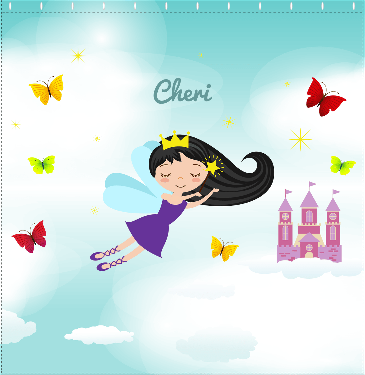 Personalized Fairy Shower Curtain III - Cloud Castle - Black Hair Fairy I - Decorate View