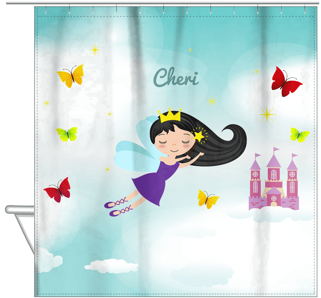 Personalized Fairy Shower Curtain III - Cloud Castle - Black Hair Fairy I - Hanging View
