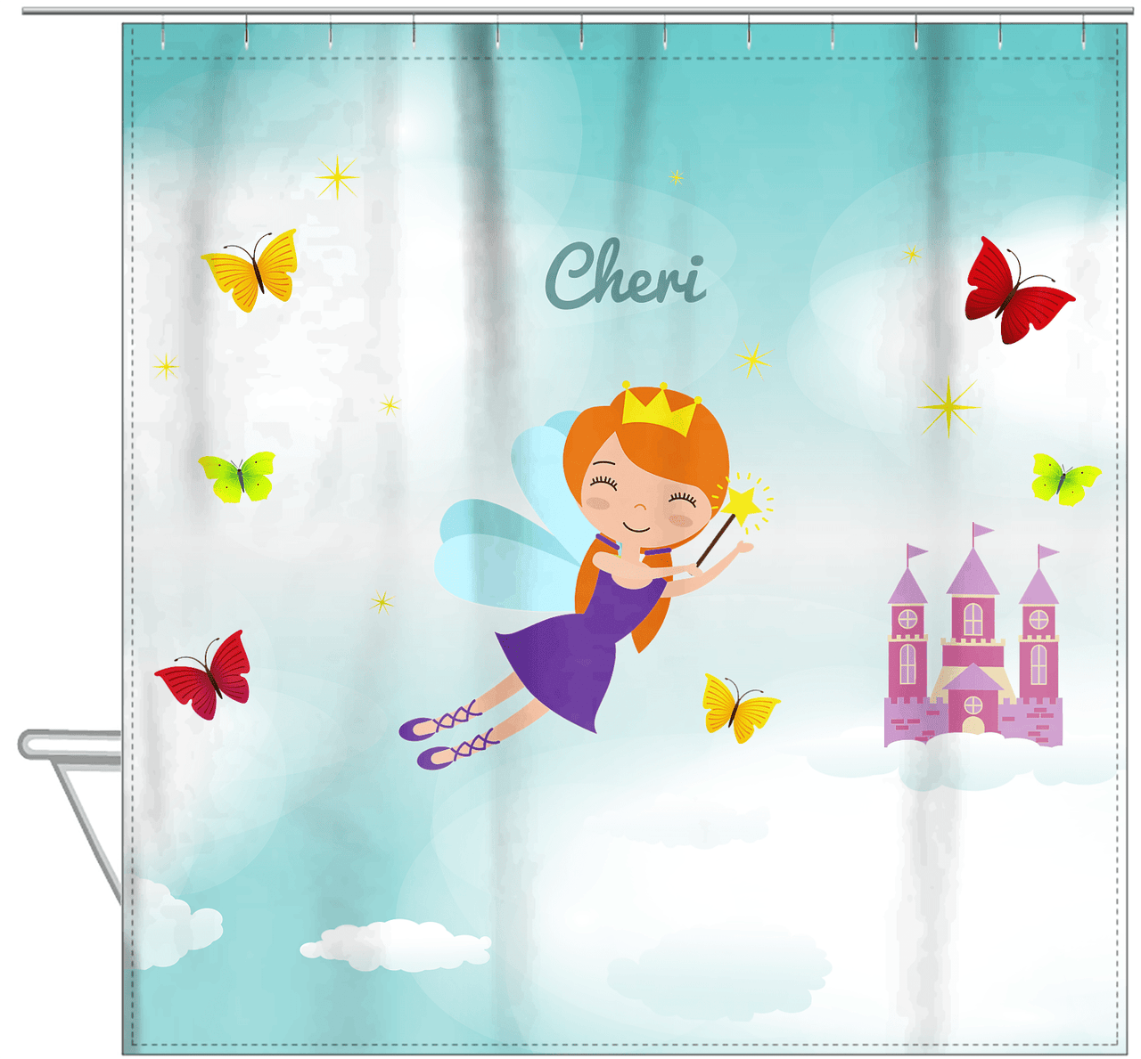Personalized Fairy Shower Curtain III - Cloud Castle - Redhead Fairy - Hanging View
