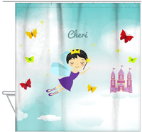 Thumbnail for Personalized Fairy Shower Curtain III - Cloud Castle - Black Hair Fairy II - Hanging View
