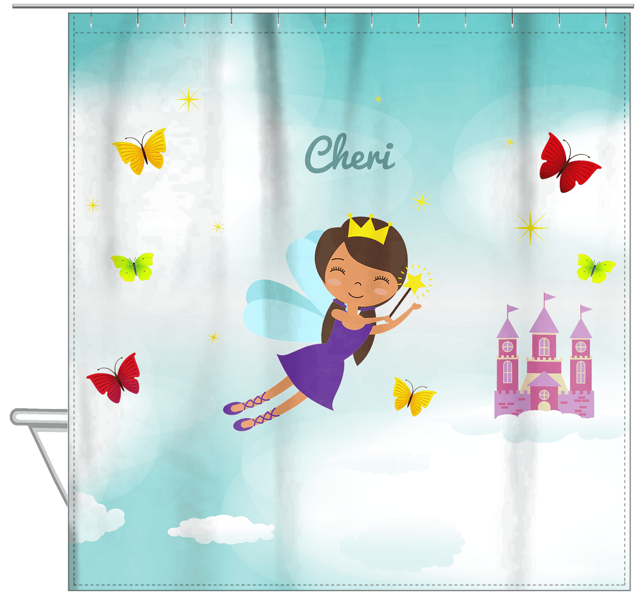 Personalized Fairy Shower Curtain III - Cloud Castle - Black Fairy I - Hanging View