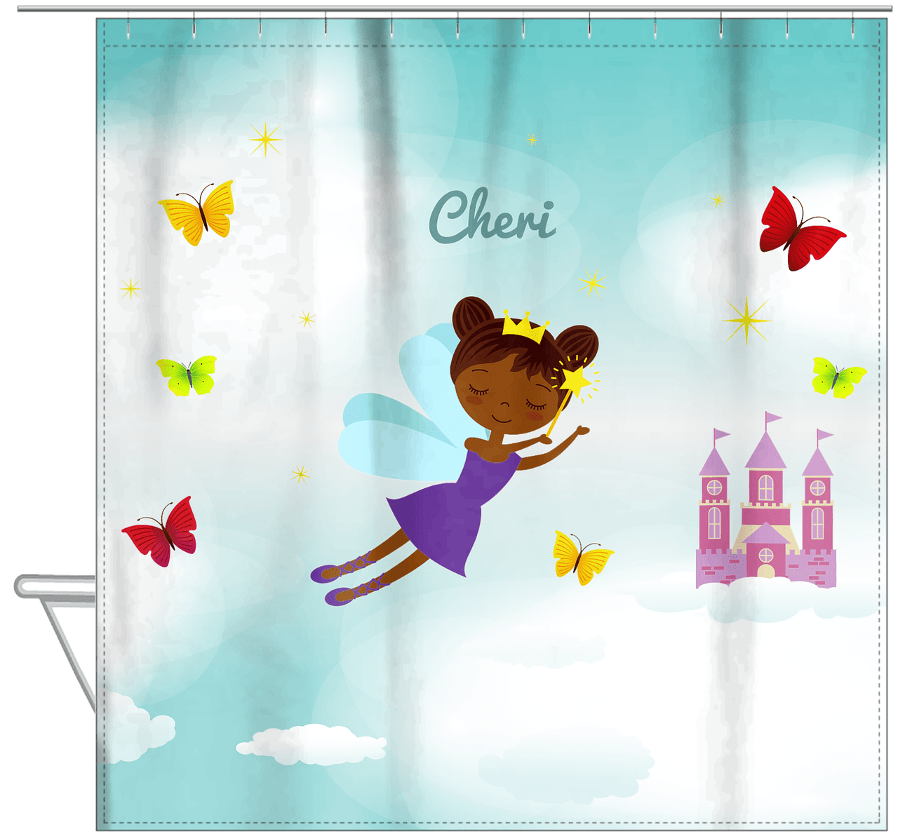 Personalized Fairy Shower Curtain III - Cloud Castle - Black Fairy II - Hanging View