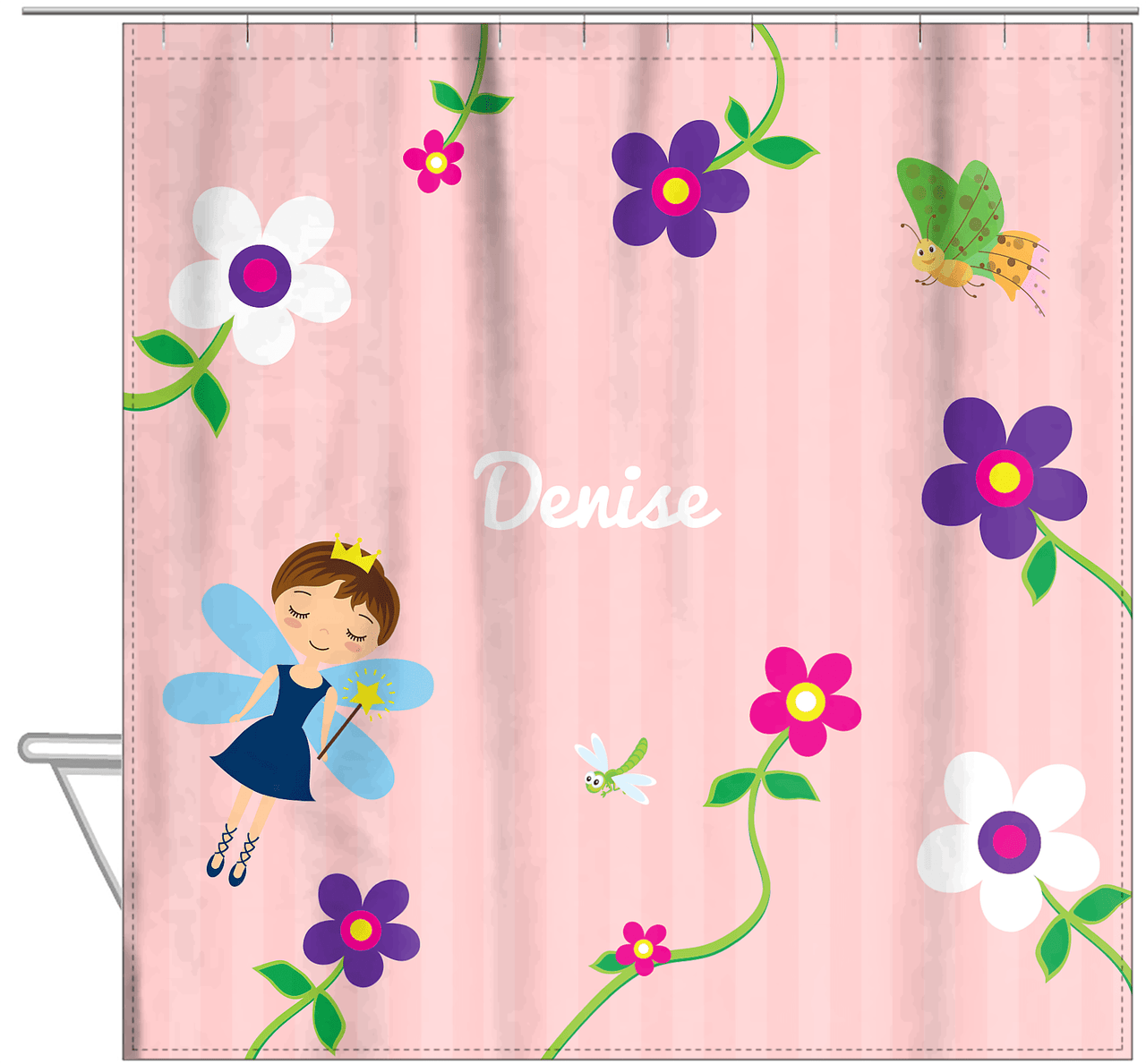 Personalized Fairy Shower Curtain IV - Flower Fairy - Brunette Fairy - Hanging View