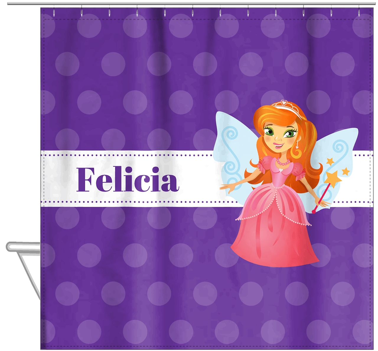 Personalized Fairy Shower Curtain VI - Ribbon Nameplate - Redhead Fairy - Hanging View