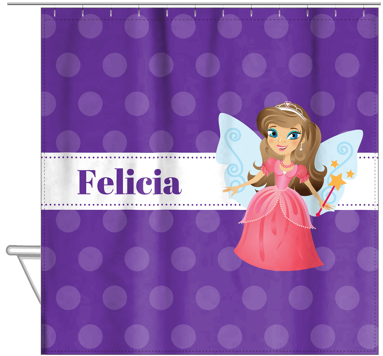 Personalized Fairy Shower Curtain VI - Ribbon Nameplate - Brunette Fairy - Hanging View