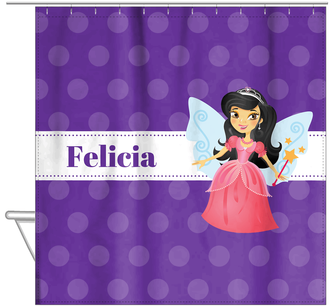 Personalized Fairy Shower Curtain VI - Ribbon Nameplate - Black Hair Fairy II - Hanging View