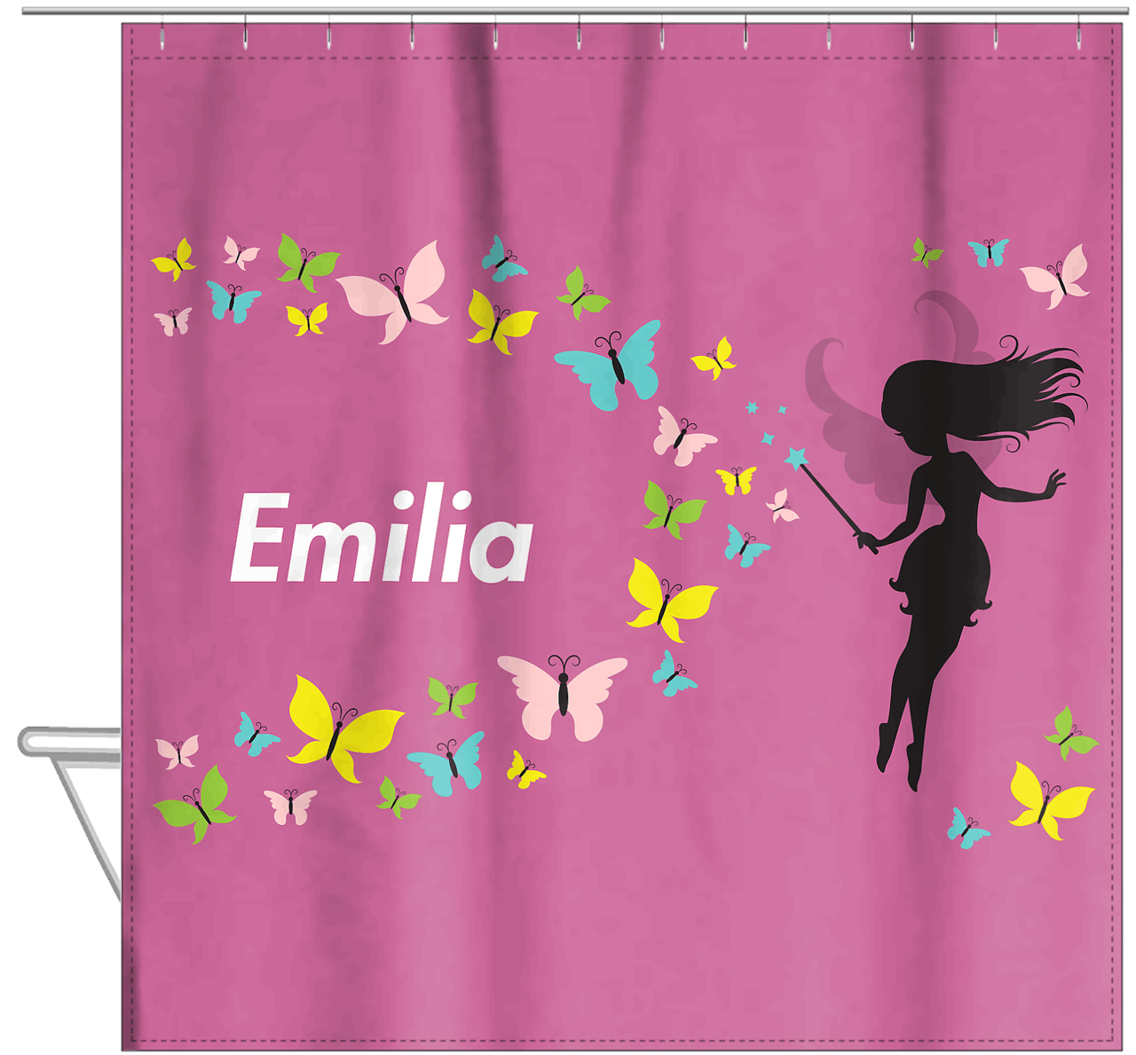 Personalized Fairy Shower Curtain VIII - Butterfly Fairy - Pink Background - Hanging View