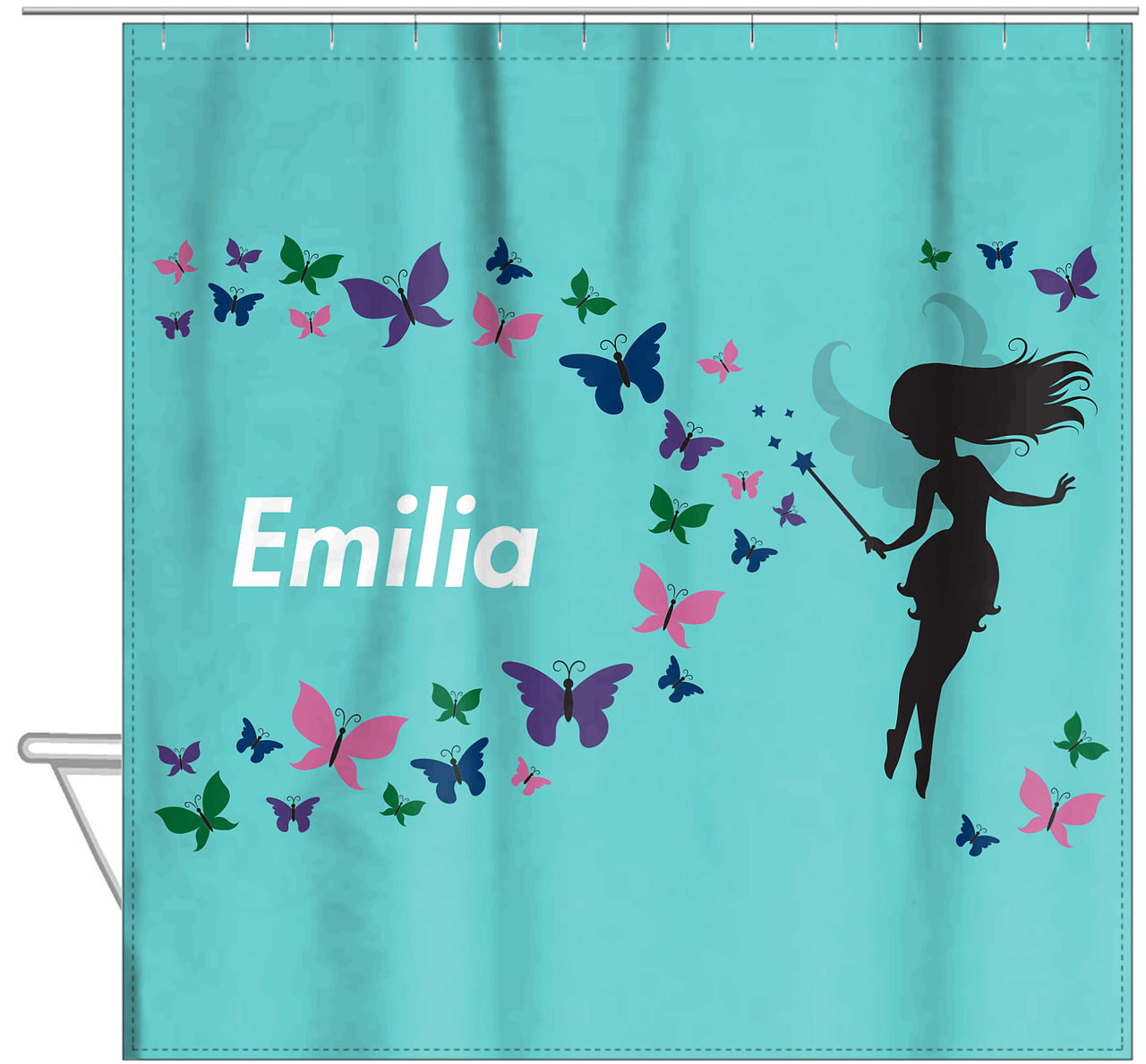 Personalized Fairy Shower Curtain VIII - Butterfly Fairy - Teal Background - Hanging View