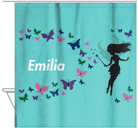 Thumbnail for Personalized Fairy Shower Curtain VIII - Butterfly Fairy - Teal Background - Hanging View