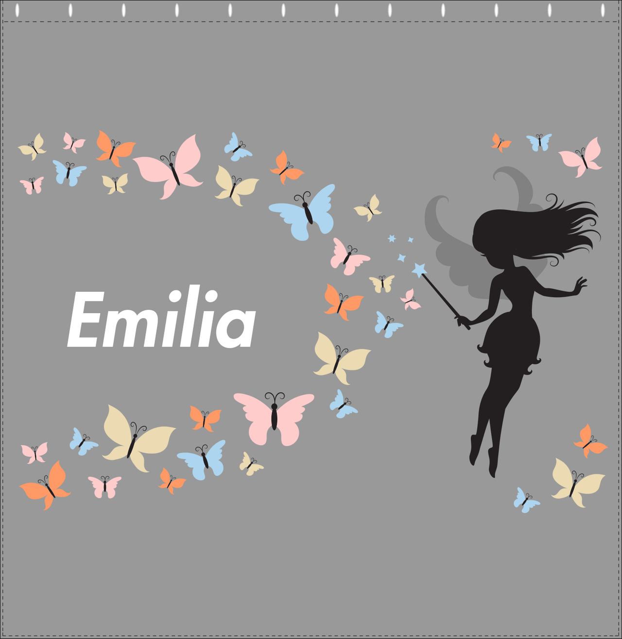 Personalized Fairy Shower Curtain VIII - Butterfly Fairy - Grey Background - Decorate View