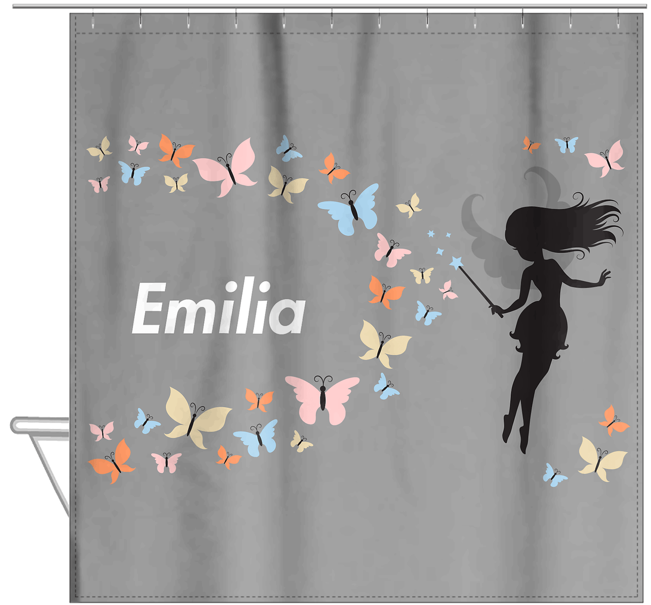 Personalized Fairy Shower Curtain VIII - Butterfly Fairy - Grey Background - Hanging View
