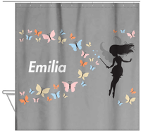 Thumbnail for Personalized Fairy Shower Curtain VIII - Butterfly Fairy - Grey Background - Hanging View